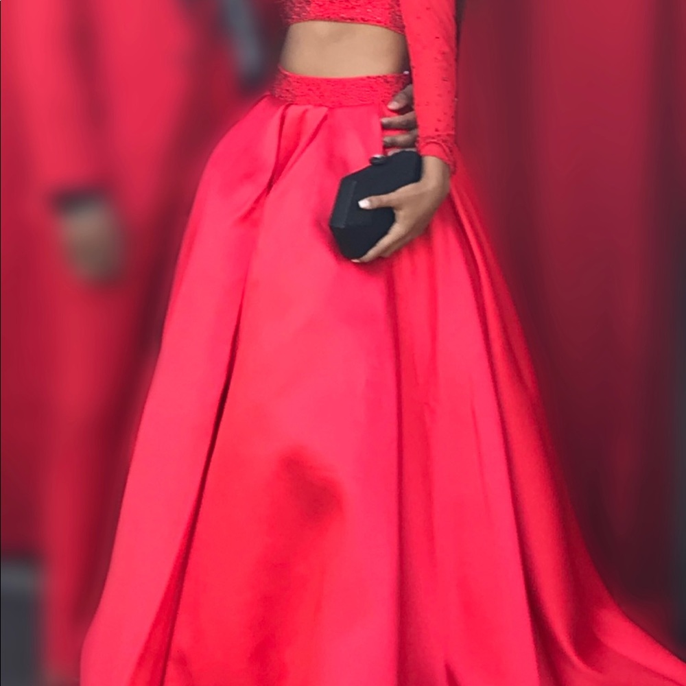 Red two piece prom dress.